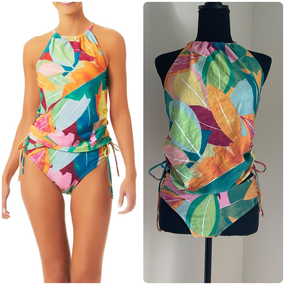 Time and Tru Colorful Leaf Print Halter Swimsuit set